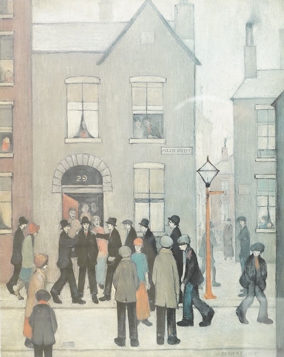 After Laurence Stephen Lowry RBA RA (1887-1976), ‘The Arrest’, hand numbered 303/850, blindstamped, A, limited edition colour print, 55 x 44cm